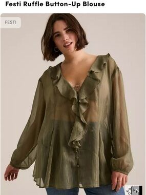 Size 1 torrid Olive Sheer Ruffle Button-Up Blouse